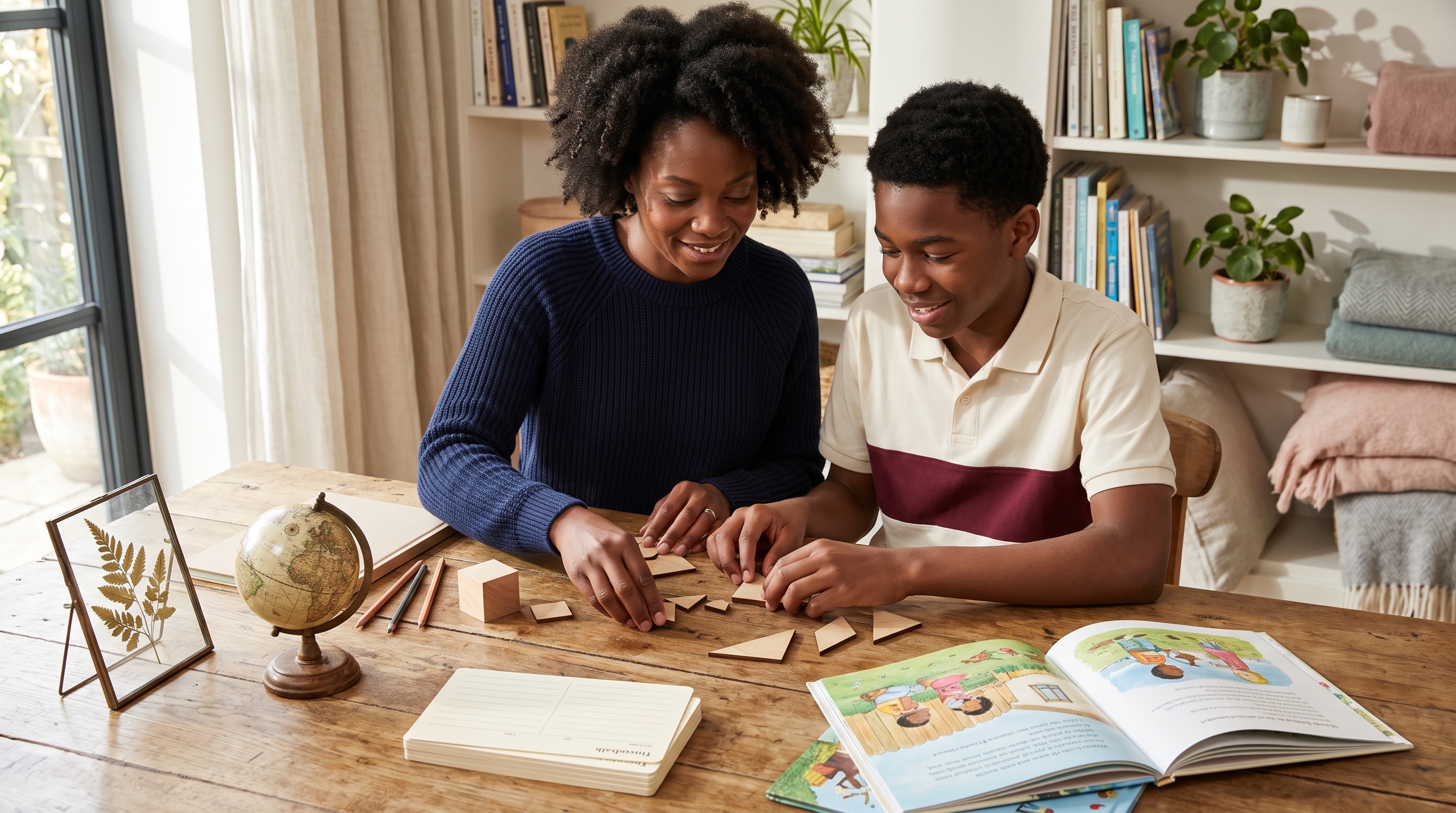 A parent and child working through a weekly home lesson together at the kitchen table