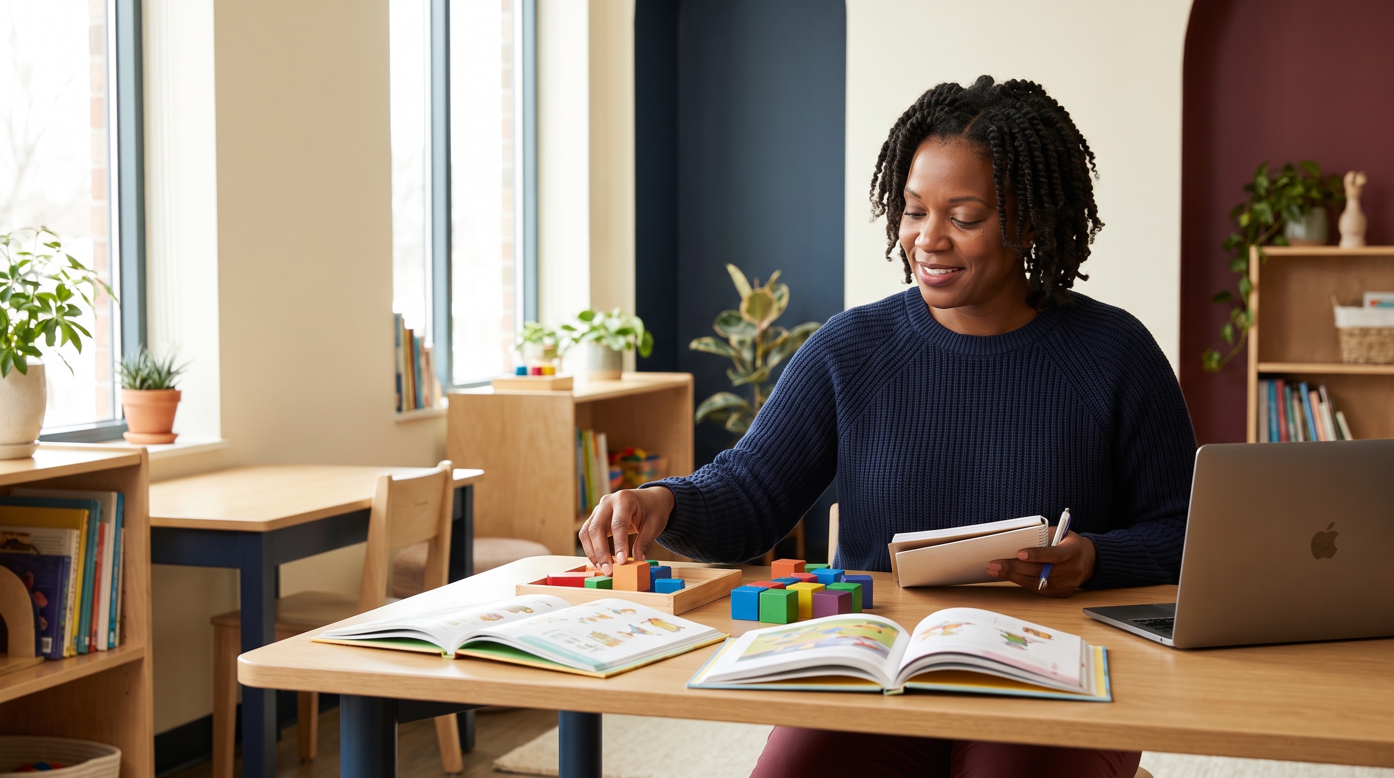 AI-generated illustration of a Black educator preparing creative learning materials
