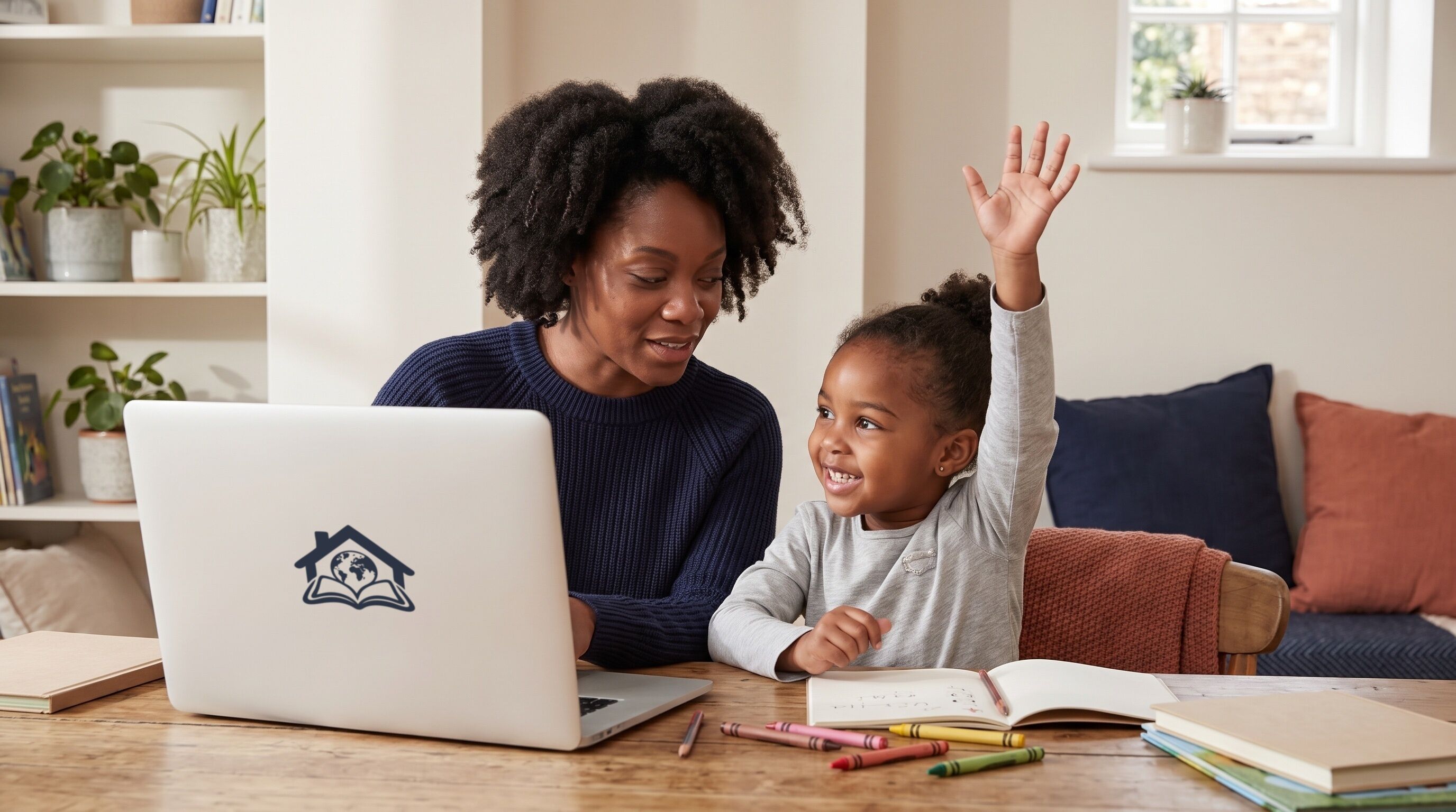 A mother and her young daughter learning together at a laptop, the child raising a hand with a question