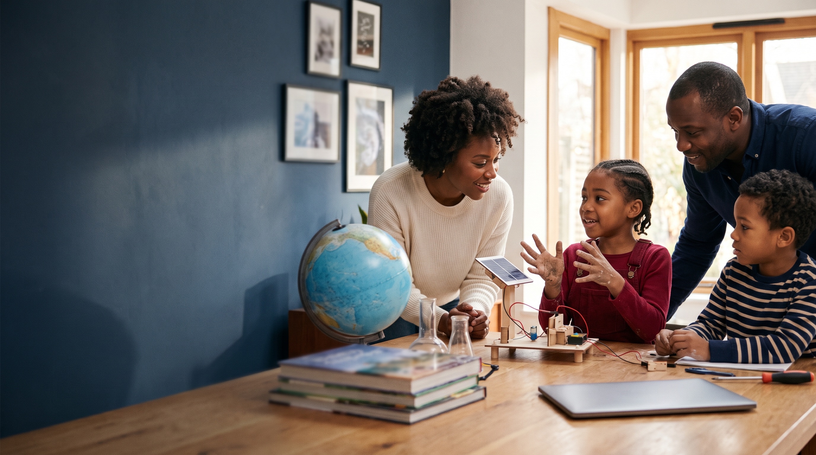 AI-generated illustration of a Black family exploring a solar model together
