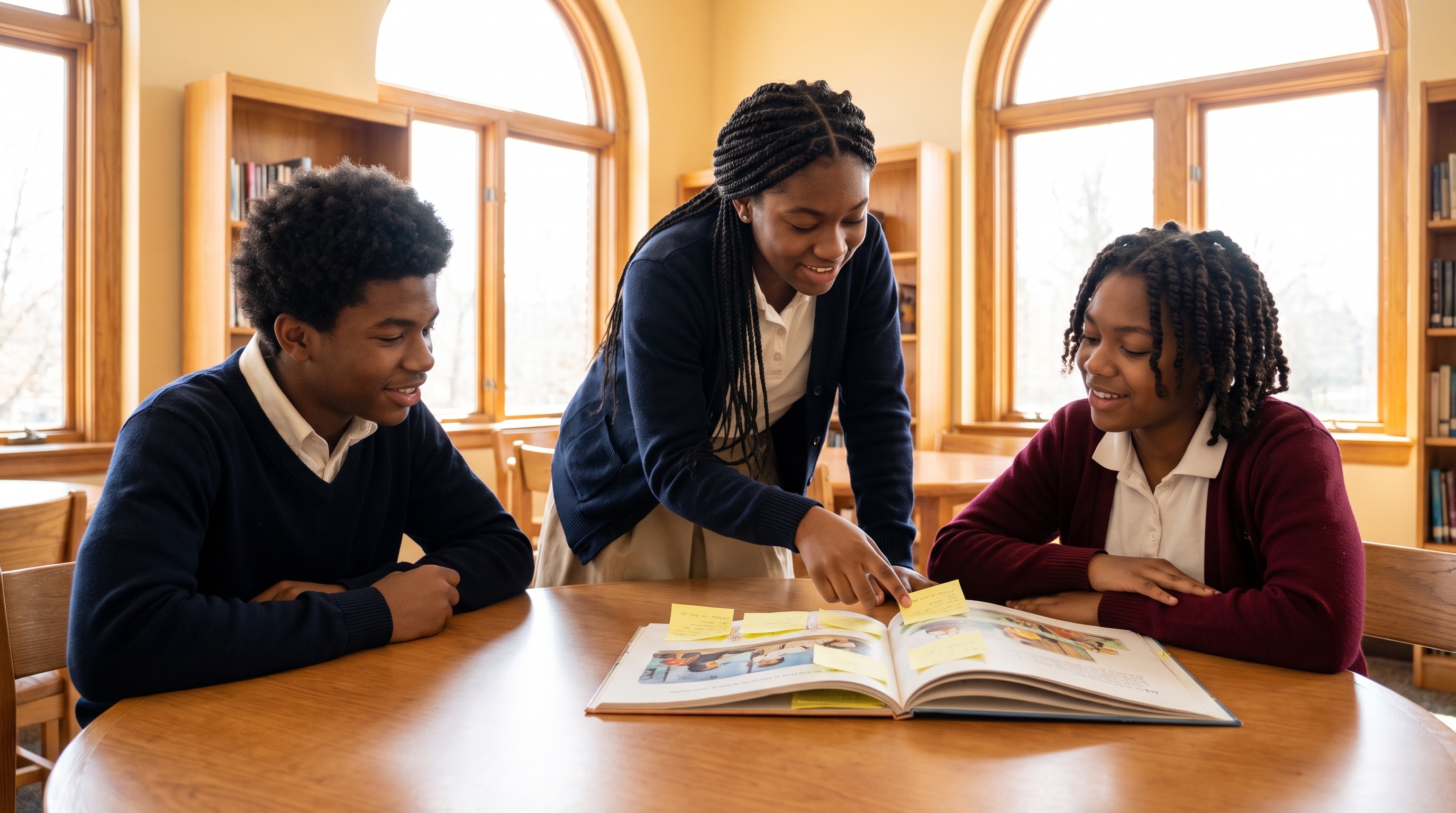 AI-generated illustration of Black teenagers reviewing written work with an educator